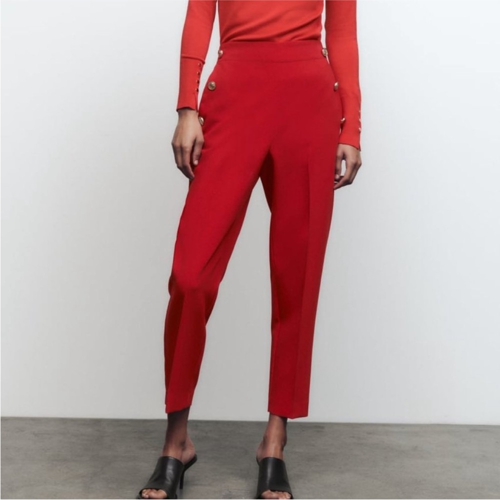 NWT Zara Red Straight Leg Trousers Pants Gold Button Detail Medium 25.5” inseam